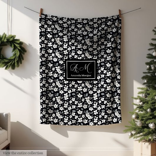 Modern Wild Flowers Blanket Custom Monochrome フリースブランケット
