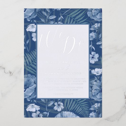 Modern Wild Flowers Blue & Silver We Do Wedding  箔招待状 (正面)