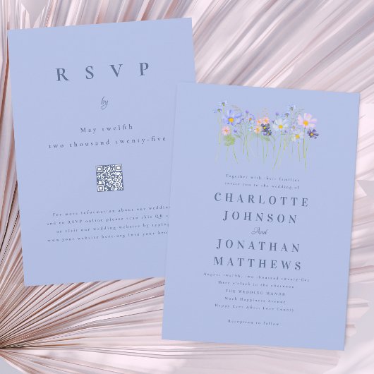 Modern Wildflower Blue Pink Floral Wedding QR Code 招待状