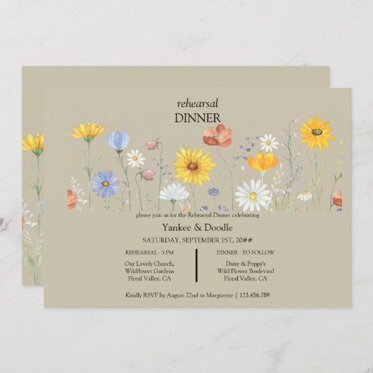 Modern wildflower spring wedding Dinner Invitation 招待状 (正面/裏面)
