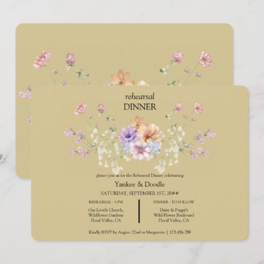 Modern wildflower spring wedding Dinner Invitation 招待状 (正面/裏面)