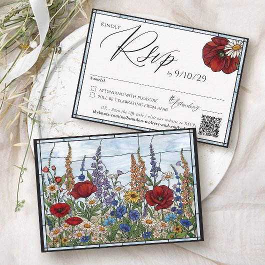 Modern Wildflower Stained Glass Floral Wedding 出欠カード