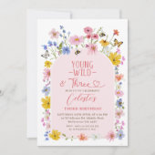 Modern Wildflower Young Wild Three 3rd Birthday 招待状 (正面)