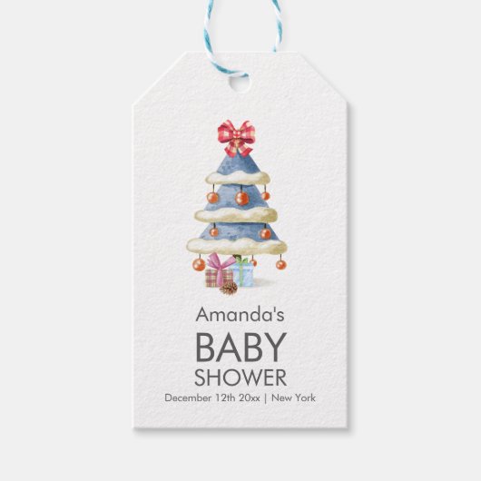 Modern Winter Bow Christmas Tree Baby Shower ギフトタグ (正面)