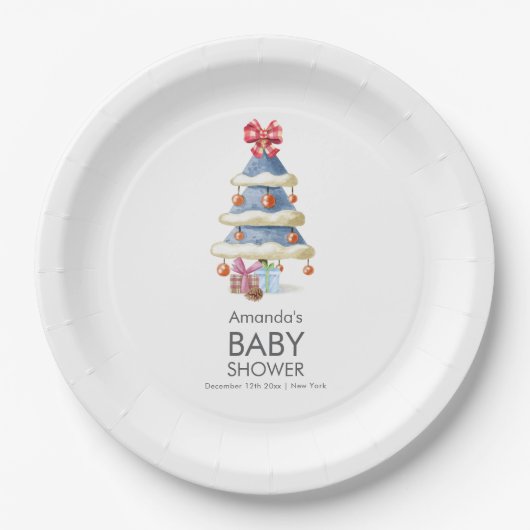 Modern Winter Bow Christmas Tree Baby Shower  ペーパープレート (正面)