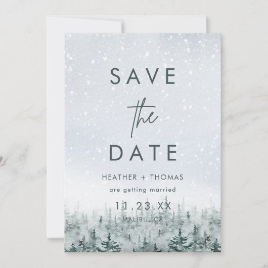 Modern Winter Forest Wedding Save the Date (正面)
