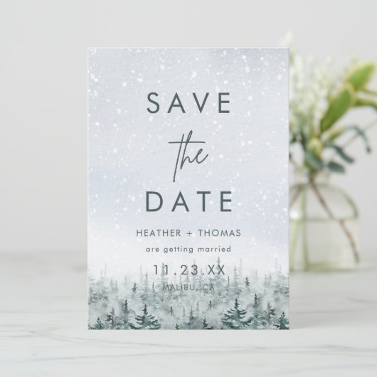 Modern Winter Forest Wedding Save the Date (スタンド正面)