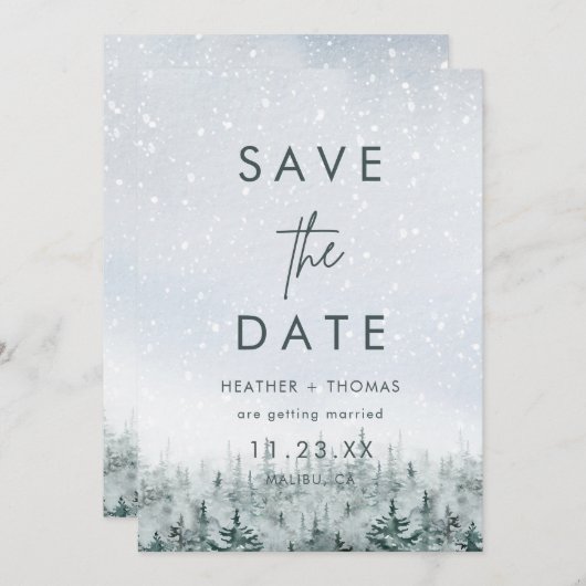 Modern Winter Forest Wedding Save the Date (正面/裏面)