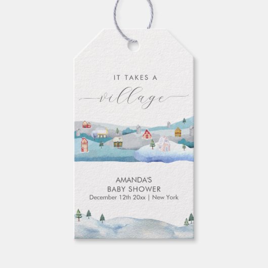 Modern Winter Snow It Takes A Village Baby Shower  ギフトタグ (正面)