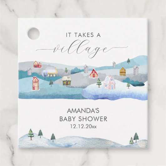 Modern Winter Snow It Takes A Village Baby Shower  フェイバータグ (正面)