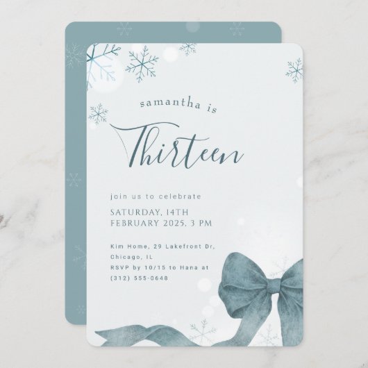 Modern Winter Snowflake Bow 13th Birthday Party 招待状 (正面/裏面)