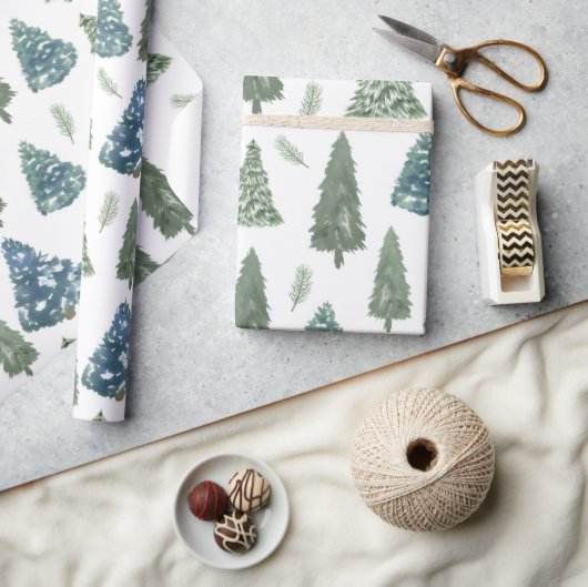 Modern Winter Watercolor Pine Green Tree Christmas ラッピングペーパー (クラフト)