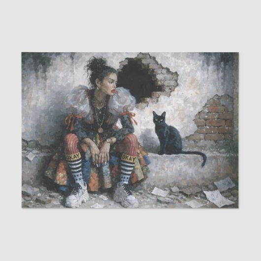 Modern Woman and Black Cat Decoupage 薄葉紙 (正面)