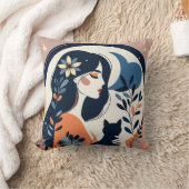 Modern Woman and Cat Throw Pillow Boho Floral Art クッション (ブランケット)