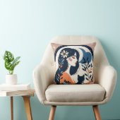 Modern Woman and Cat Throw Pillow Boho Floral Art クッション (椅子)