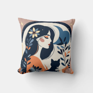 Modern Woman and Cat Throw Pillow  Boho Floral Art クッション