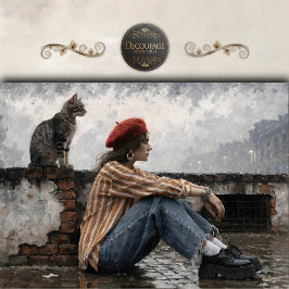 Modern Woman in Beret with Cat Decoupage 薄葉紙