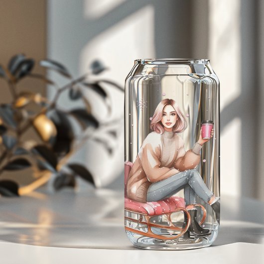 Modern Woman on Sleigh Christmas  ガラス缶