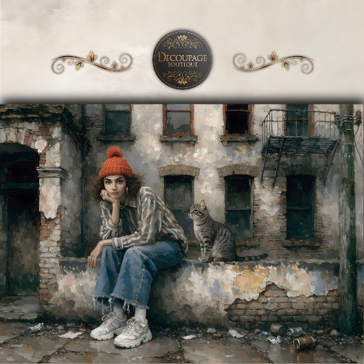 Modern Woman with Cat Urban Decoupage 薄葉紙