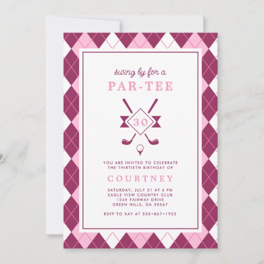 Modern Women's 30th Birthday Argyle Pink Golf 招待状 (正面)