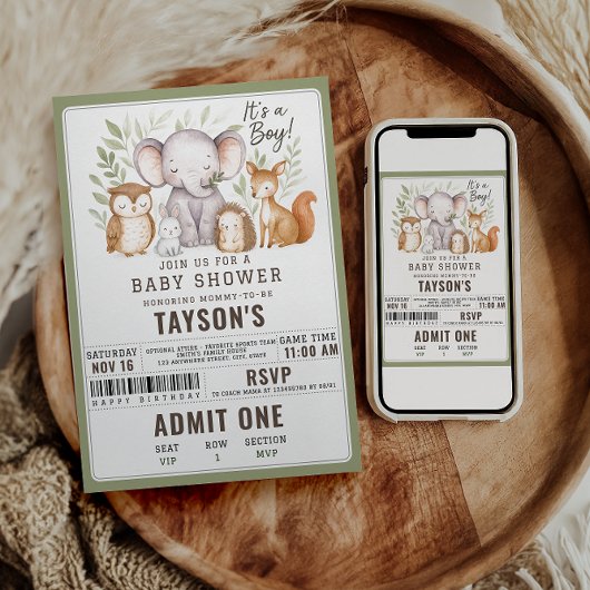 Modern Woodland Animals Forest Boy Baby Shower 招待状