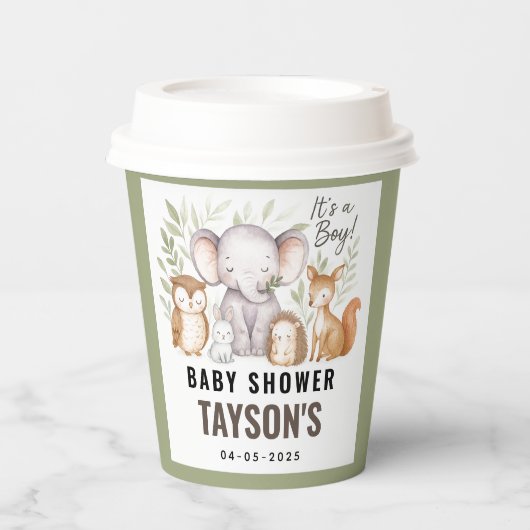 Modern Woodland Animals Forest Boy Baby Shower 紙コップ (正面)
