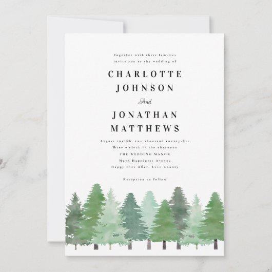Modern Woodland Forest QR Code Winter Wedding 招待状 (正面)