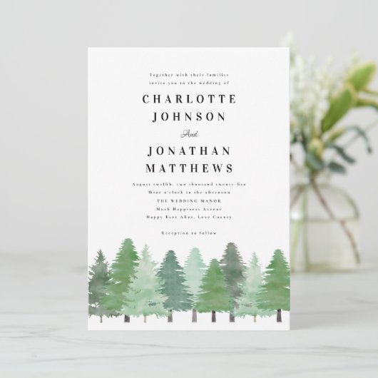 Modern Woodland Forest QR Code Winter Wedding 招待状 (スタンド正面)