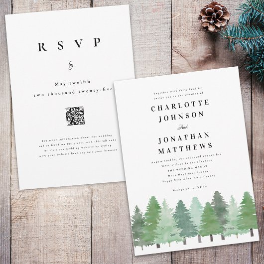 Modern Woodland Forest QR Code Winter Wedding 招待状