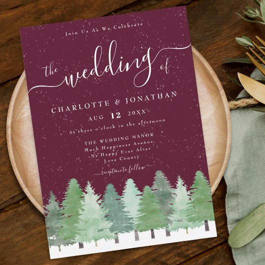 Modern Woodland Rustic Burgundy Winter Wedding 招待状