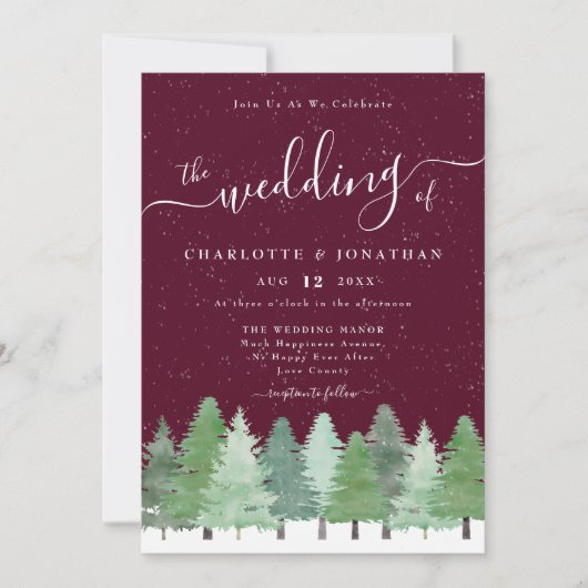 Modern Woodland Rustic Burgundy Winter Wedding 招待状 (正面)