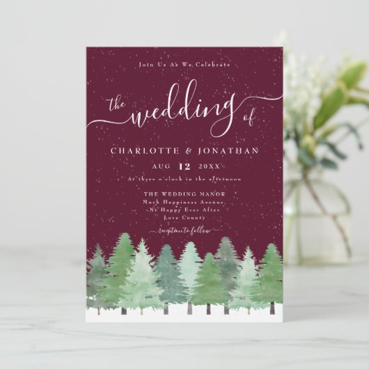Modern Woodland Rustic Burgundy Winter Wedding 招待状 (スタンド正面)