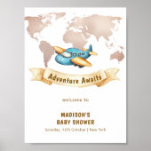 Modern World Map Airplane Boy Baby Shower Welcome ポスター (正面)