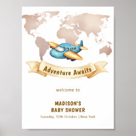 Modern World Map Airplane Boy Baby Shower Welcome ポスター