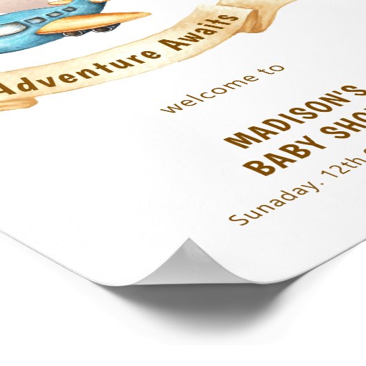 Modern World Map Airplane Boy Baby Shower Welcome ポスター (角)