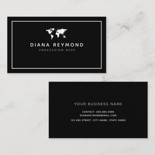 Modern World Map Black 名刺 (正面/裏面)