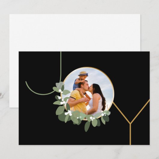 Modern Wreath Christmas Joy Family Photo Chic シーズンカード (正面/裏面)