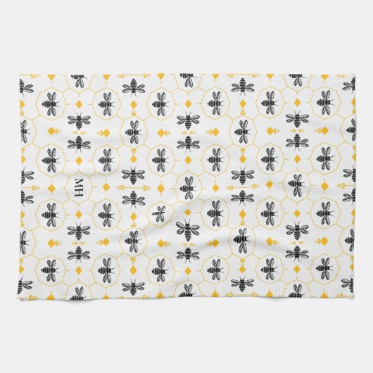 Modern Yellow Bee Pattern Black Elegant Monogram キッチンタオル (横)