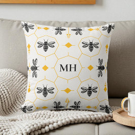 Modern Yellow Bee Pattern Black Elegant Monogram クッション