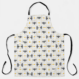 Modern Yellow Bee Pattern Elegant Black Monogram エプロン