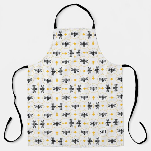 Modern Yellow Bee Pattern Elegant Black Monogram エプロン (正面)