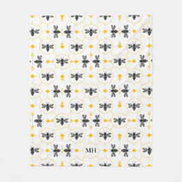 Modern Yellow Bee Pattern Elegant Black Monogram フリースブランケット