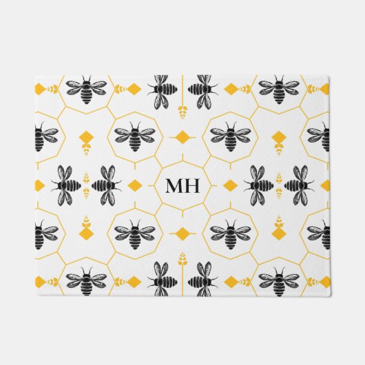 Modern Yellow Black Bee Pattern Elegant Monogram ドアマット (正面)