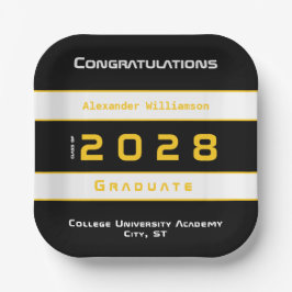 Modern Yellow Black White Graduation Party ペーパープレート