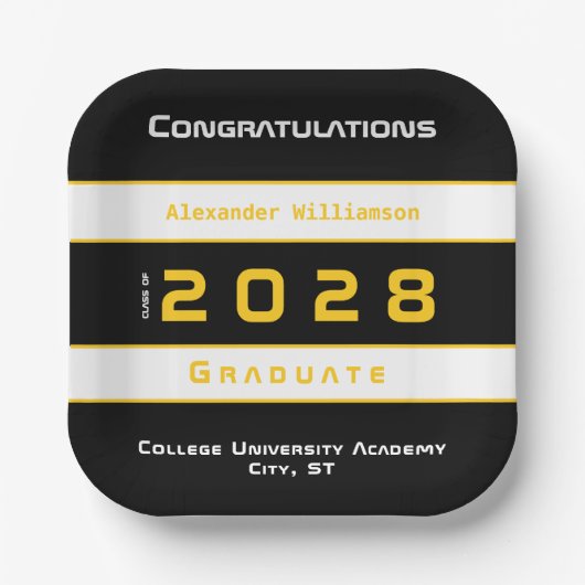 Modern Yellow Black White Graduation Party ペーパープレート (正面)