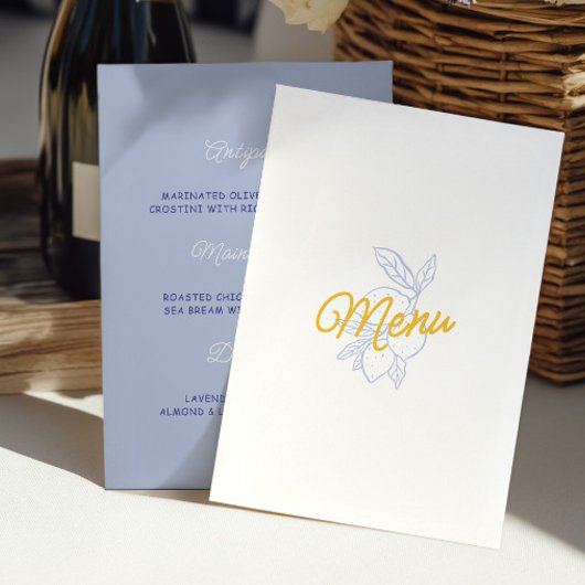 Modern Yellow & Blue Citrus Wedding Menu Card メニュー