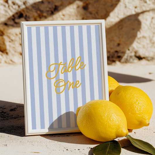  Modern Yellow & Blue Striped Wedding Table Number 招待状