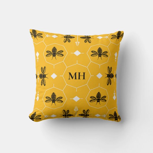 Modern Yellow Elegant Black Bee Pattern Monogram クッション (正面)