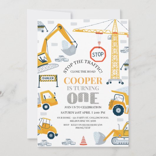 Modern Yellow Grey Construction 1st Birthday  招待状 (正面)