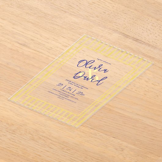 Modern Yellow Hand Written Pinstripe Italy Wedding アクリル招待状 (レイダウン)